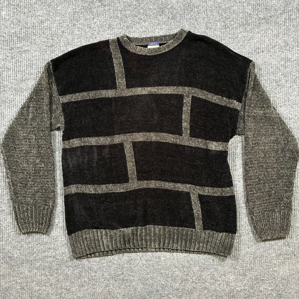 Vintage Cousin Johnny Sweater Mens XXL Black Gray Geometric USA Chenille 90s